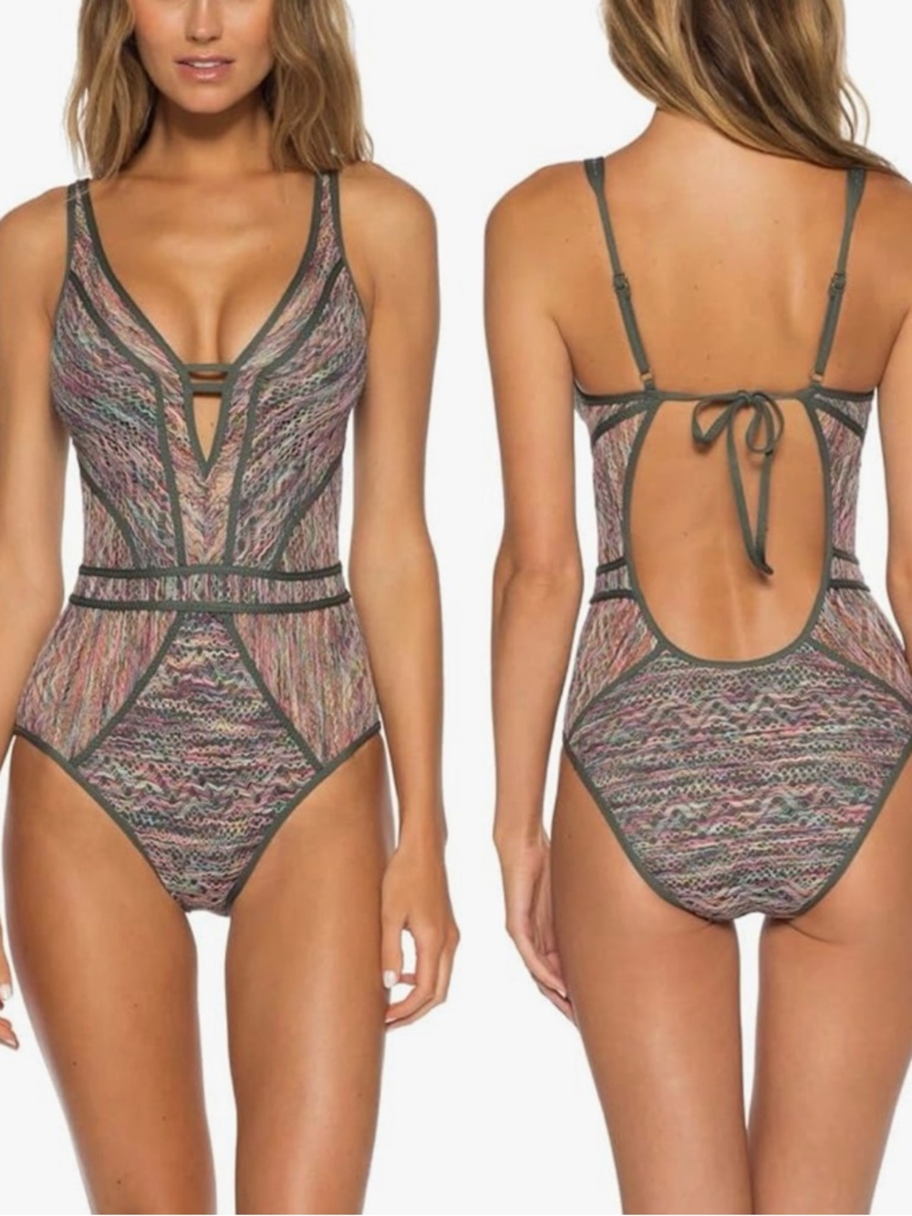 BECCA Show & Tell Plunge Neck‎ Crochet Lace One-Piece Swimsuit in Basil
